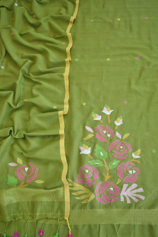 Kalakriti : Beautiful Hand Woven Soft Cotton Jamdani Kurta Fabric & Dupatta set