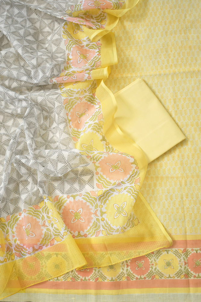 Elegant woven Cotton kurta with Block print Kota dupatta and cotton bottom
