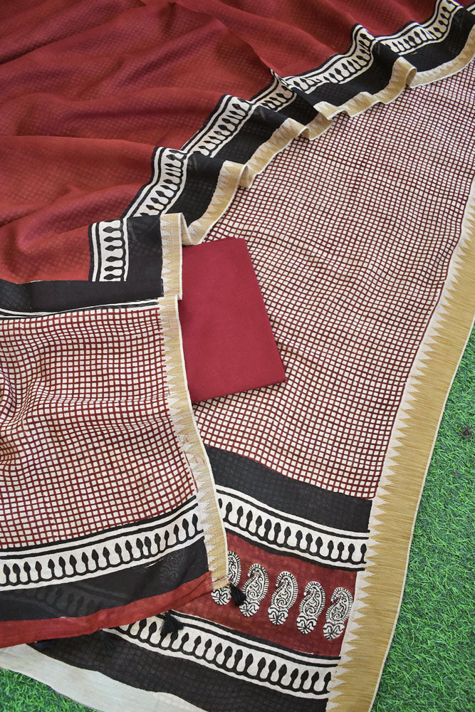 Beautiful Hand Block Printed Maheshwari Silk Cotton Unstitched suit fabric with Ghicha borders