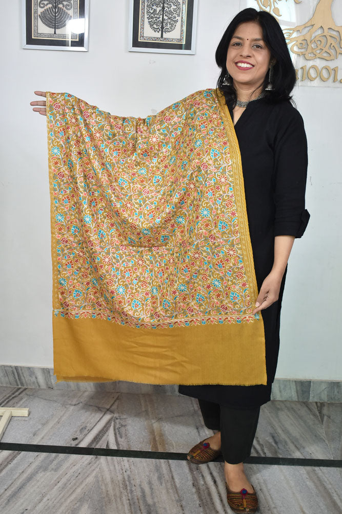 Intricate Jaal work Aari Embroidery Woolen Stole from Kashmir