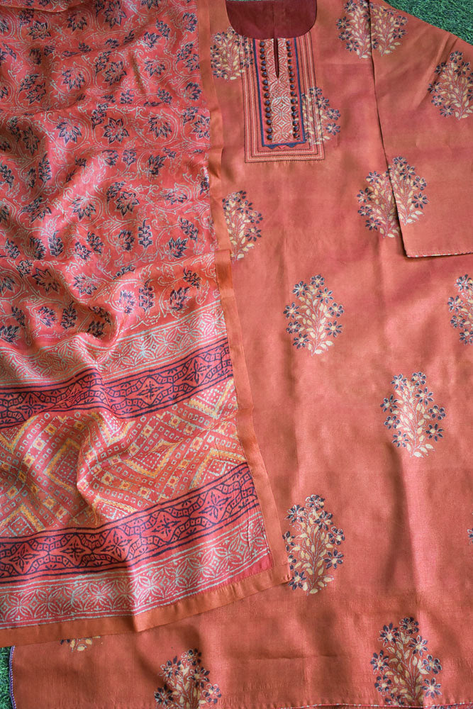 Semi Stitched Block Printed Tussar Silk Dupatta  & Tussar Kurta Fabric