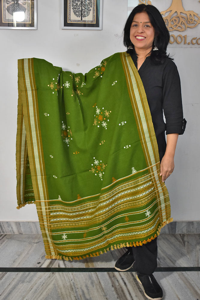 Handwoven Bhujodi Mirror Work Wool Stole / Shawl