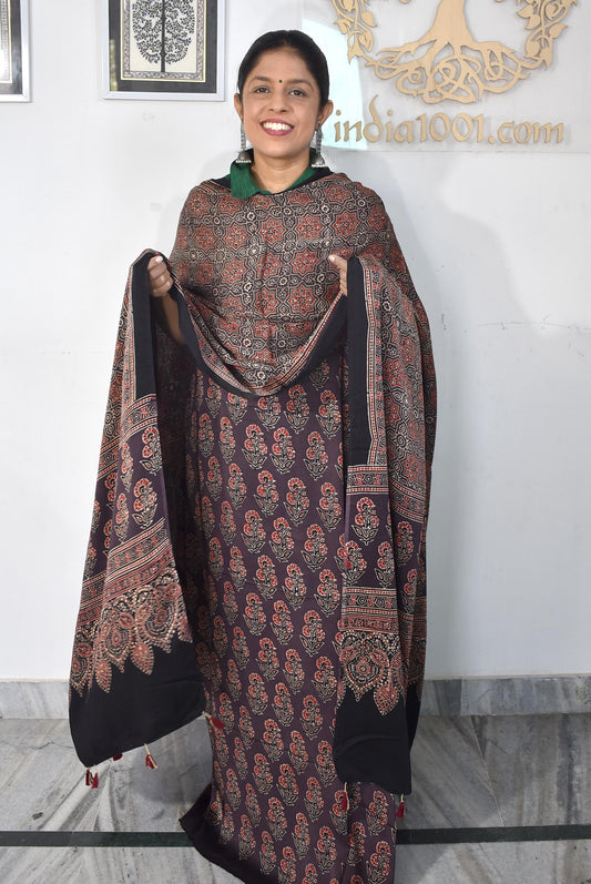 Designer Kutch Ajrakh Modal Silk Kurta and Dupatta with tassels