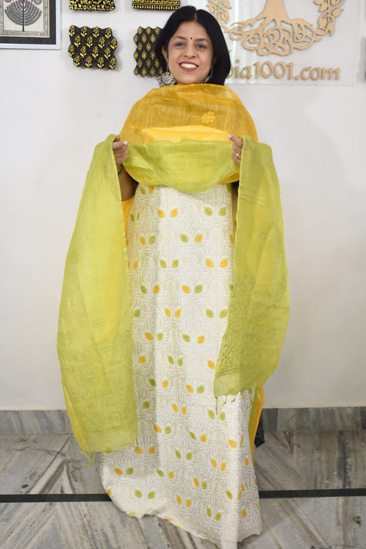 Elegant Hand Block print chanderi suit with linen silk chikankari dupatta