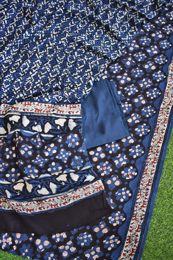 Hand Block Printed Muslin unstitched suit fabric with cotton bottom