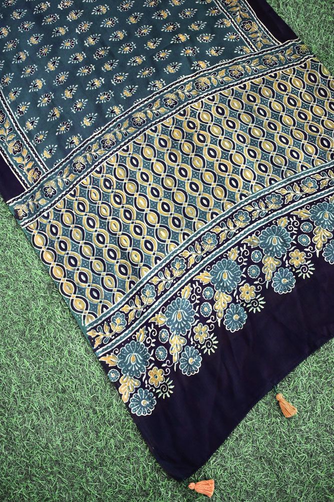 Beautiful Hand Block Printed Ajrakh Modal Silk stole with Tassels