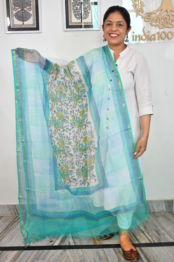 Hand Block Printed & Brush painted  Kota Doria Cotton Dupatta