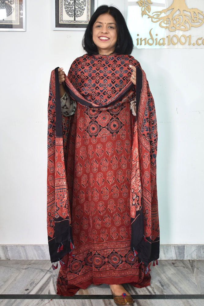 Designer Ajrakh Modal Silk Unstitched suit with  panel design, Mirror work & Ajrakh Dupatta - 3 piece set