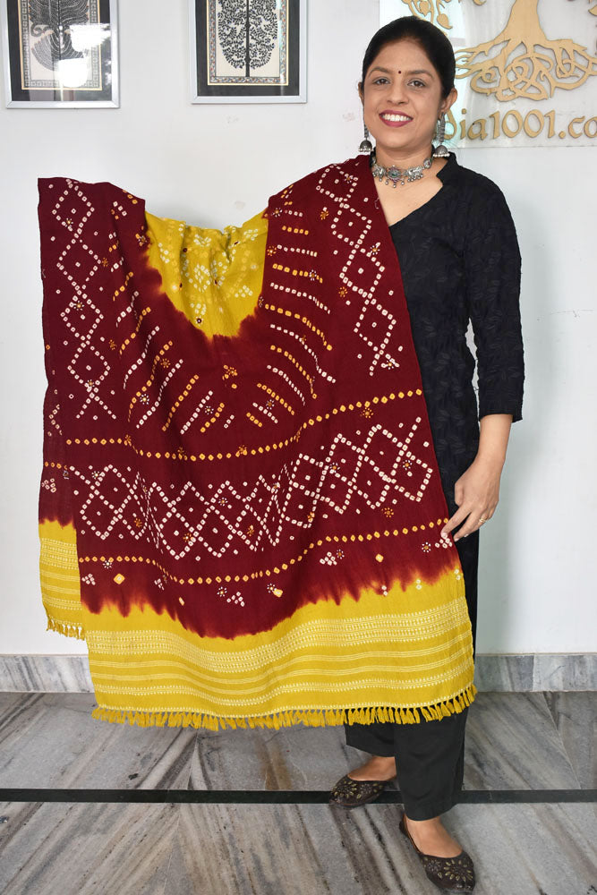 Handwoven Bhujodi Stole / Shawl with Tie Dye Bandhani & Mirror work