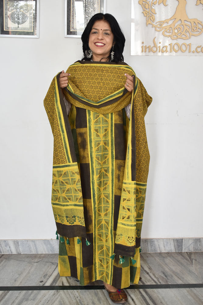 Block Print Ajrakh Cotton Suit with designer Ajrakh neck yoke /panel & Long Stole