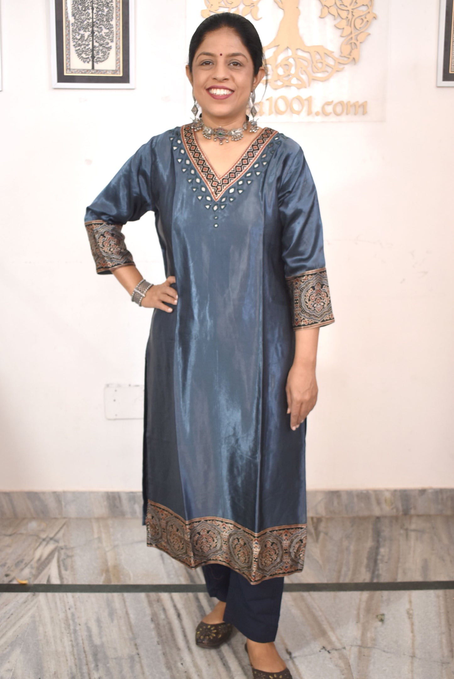 Beautiful Mashru Silk Kurta with Ajrakh patch Kutch mirror work size - 40-46