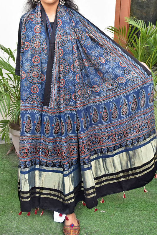 Elegant Modal Silk Ajrakh Block Print Dupatta with Lagdi Palla