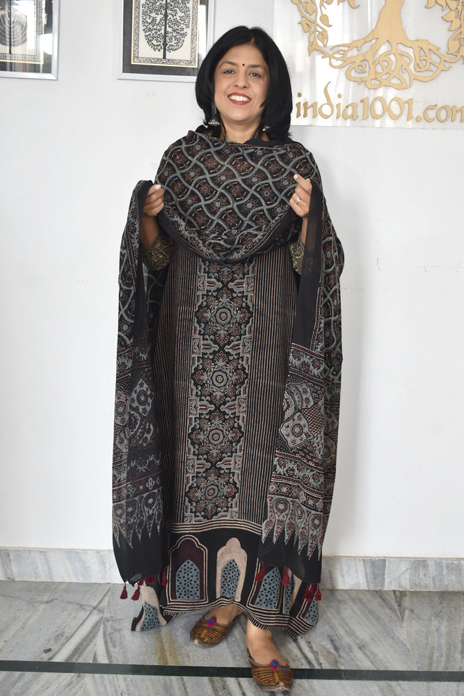 Ajrakh Hand Block Print Georgette Dupatta & Georgette Kurta Fabric