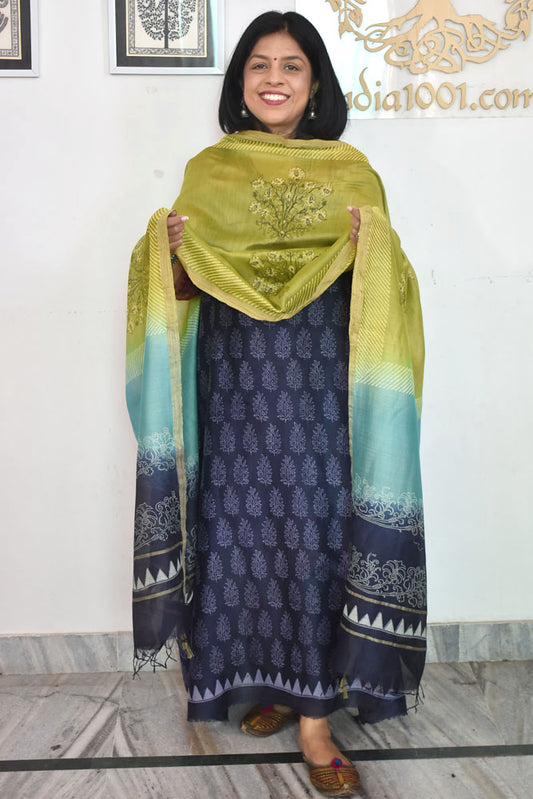 Beautiful Hand Block Printed Maheshwari Silk Cotton Unstitched suit fabric with Ghicha borders