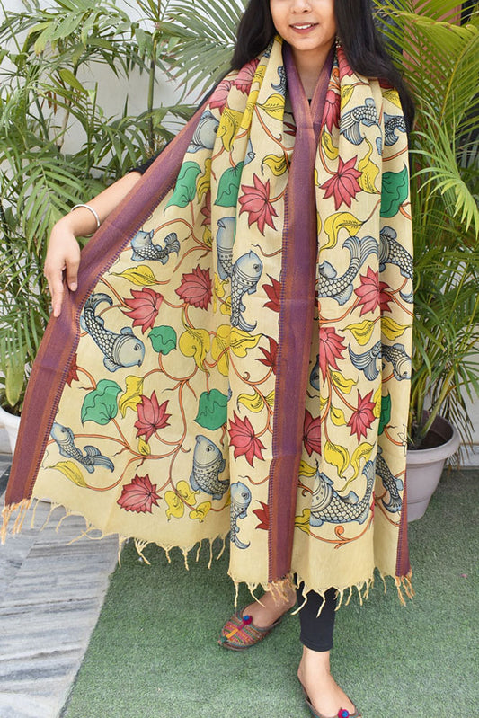 Beautiful Bangalore Cotton Silk Hand Painted Kalamkari Dupatta