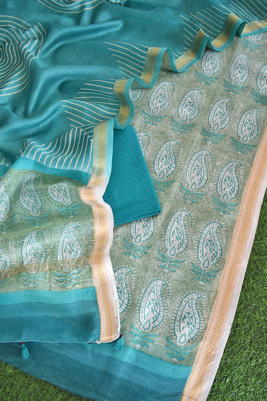 Beautiful Hand Block Printed Maheshwari Silk Cotton Unstitched suit fabric