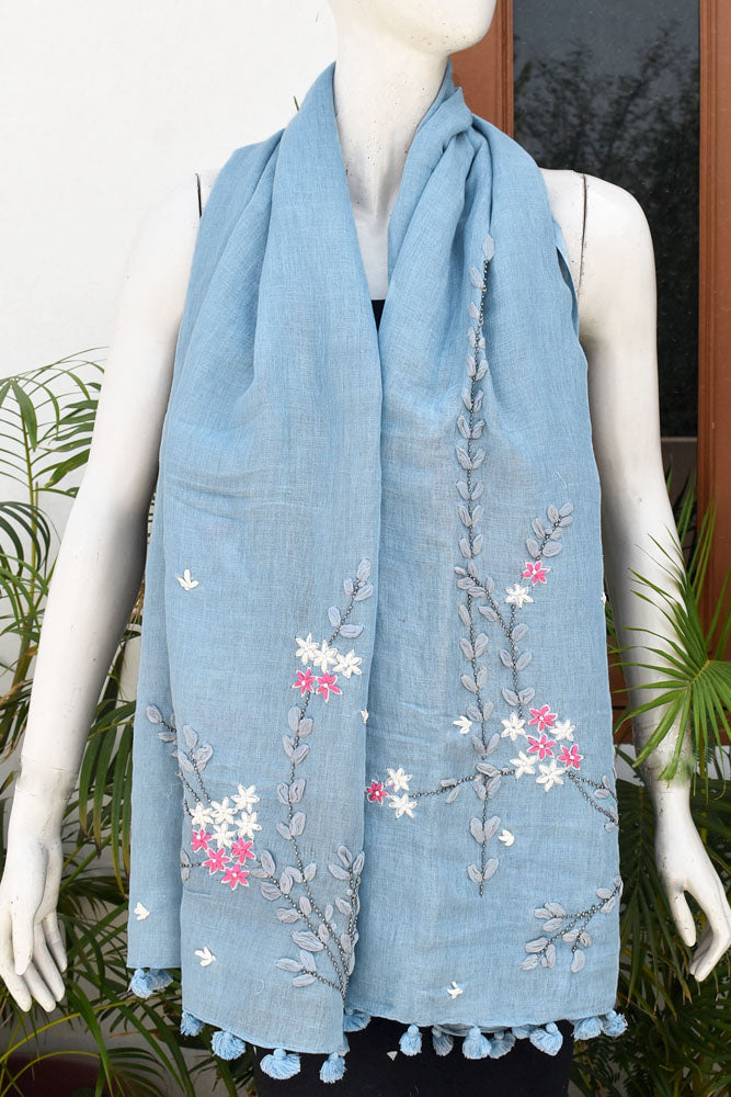 Beautiful Linen Stole with hand embroidery, embellishments & tassels