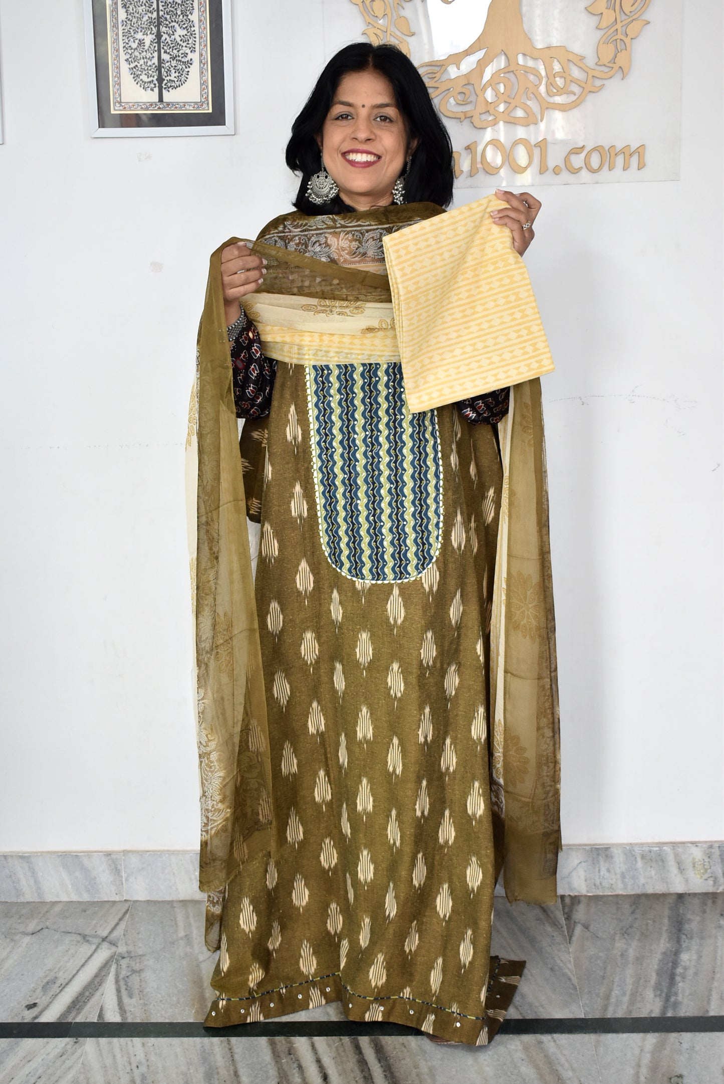 Elegant Handwoven Ikkat Cotton Unstitched Suit with Ajrakh patch ,Intricate Hand Embroidery block print  dupatta