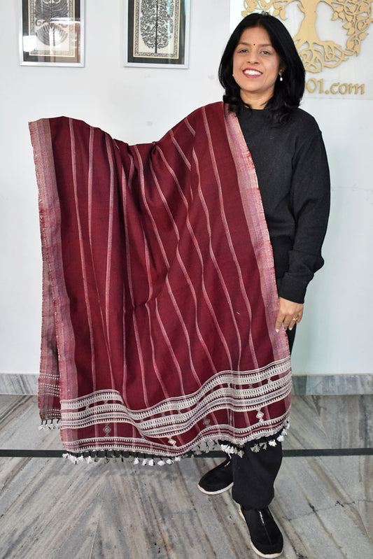 Unique, Warm Handwoven Bhujodi Handwoven Pure Wool shawl with tassels - Unisex Shawls