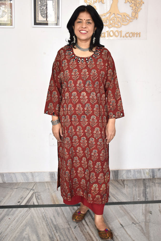 Beautiful Hand Block Printed Ajrakh Cotton kurta with Kutch Mirror work , Size 38 to 50 ( all sizes)