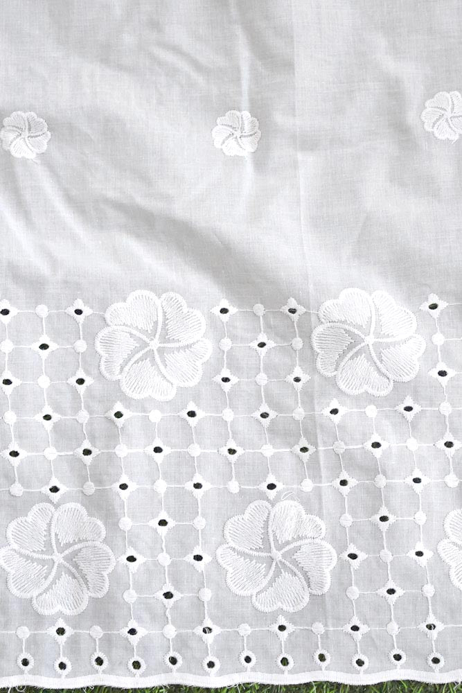 Beautiful cotton ( bottom) fabric with schiffli work & embroidery - 2.5 mtrs - color White - dyeable