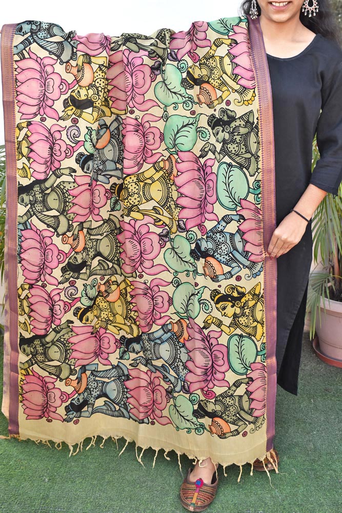 Beautiful Bangalore Cotton Silk Hand Painted Kalamkari Dupatta