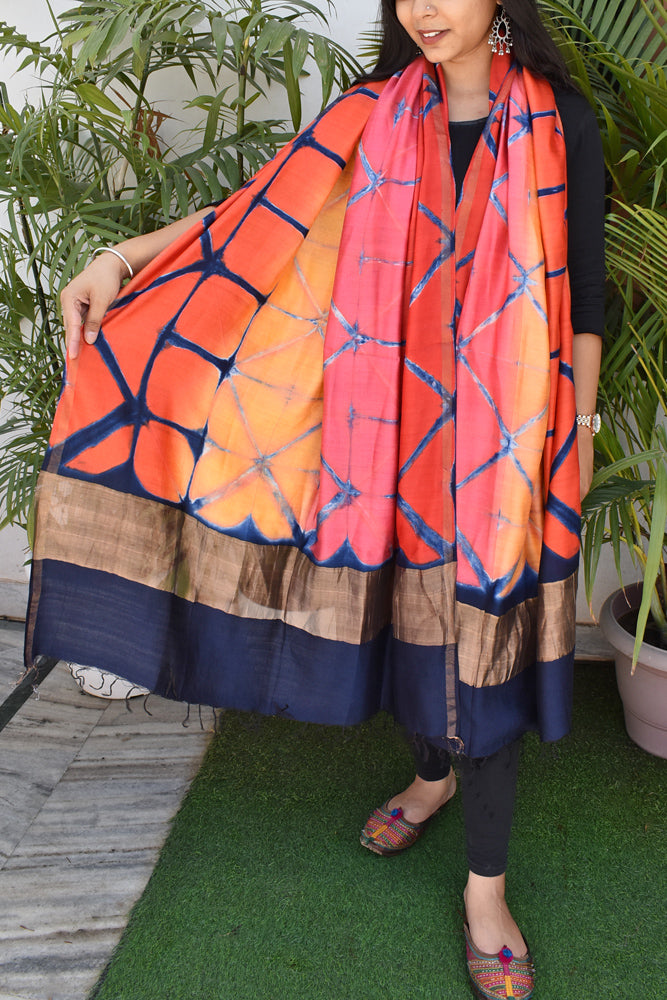 Clamp Dyed Chanderi Dupatta with Zari border and palla