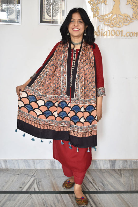 Beautiful Hand Block Printed Ajrakh Modal Silk stole with Tassels