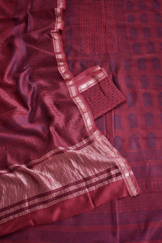 Bagh Hand Block Printed unstitched 3 pcs Handwoven Maheshwari suit fabric with Zari borders & Lagdi ( zari palla )