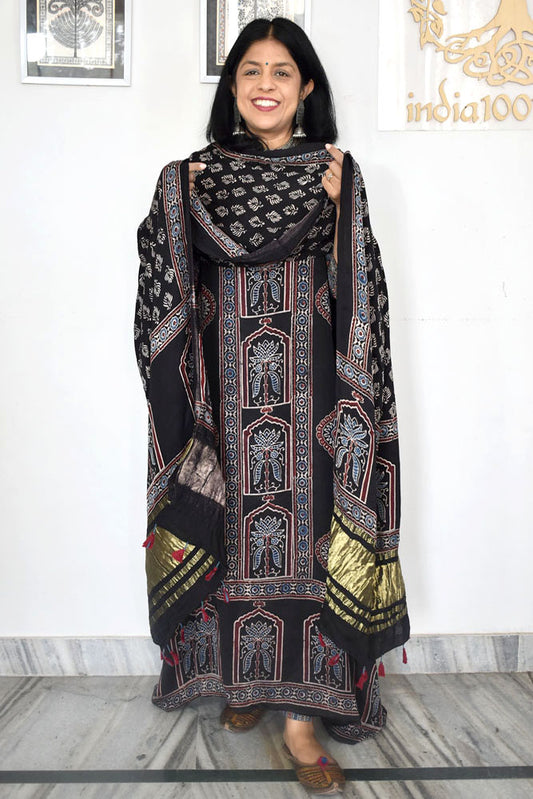 Beautiful Hand Block printed Kutch Ajrakh Modal silk suit with Lagdi patta