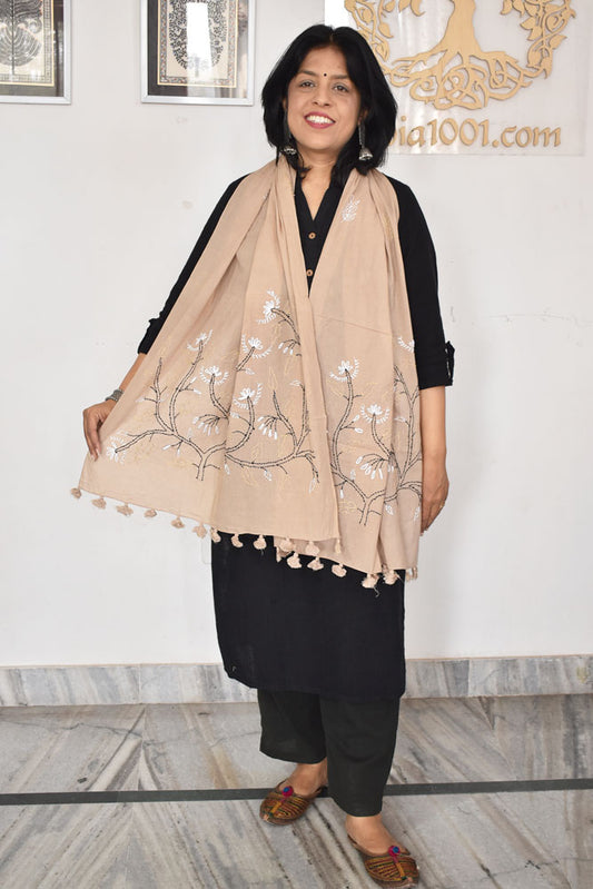 Beautiful Soft Cotton Voile Stole with Kantha work & hand embroidery & tassels