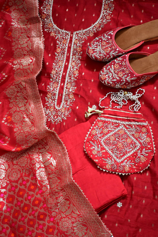 Beautiful Hand Embroidered Chanderi unstitched suit fabric with Banarasi Dupatta & Matching Potli bag & Jutti