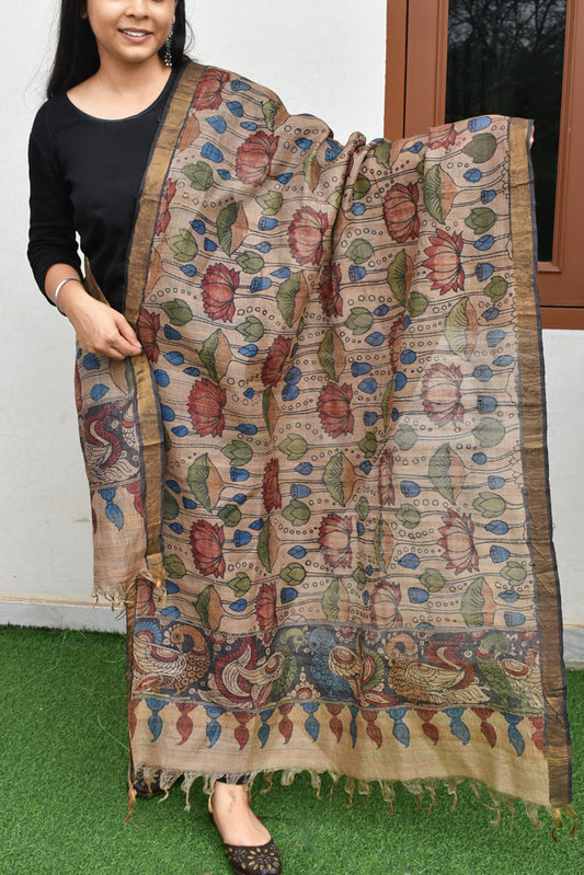 Earthy Hand Painted Kalamkari Desi Tussar Silk Dupatta