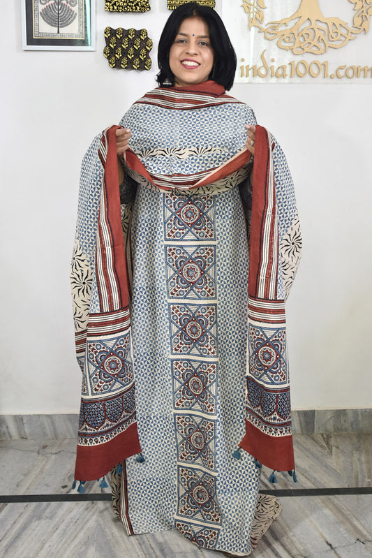 Block Print Ajrakh Cotton Suit with designer Ajrakh neck yoke /panel & Dupatta