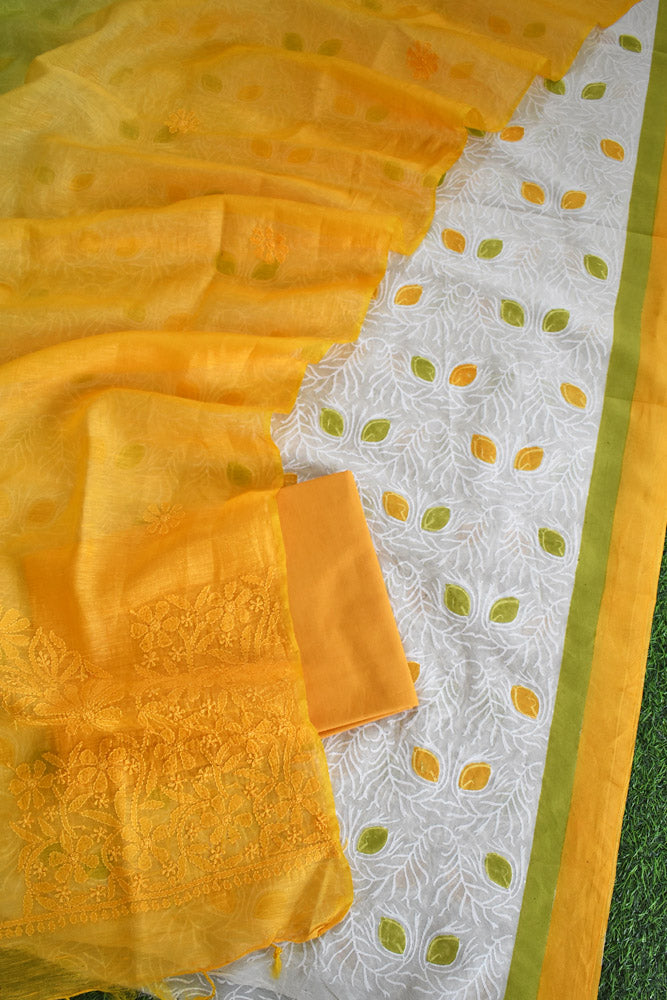 Elegant Hand Block print chanderi suit with linen silk chikankari dupatta