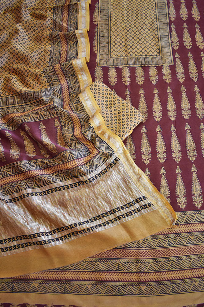 Bagh Hand Block Printed unstitched 3 pcs Handwoven Maheshwari suit fabric with Zari borders & Lagdi ( zari palla )