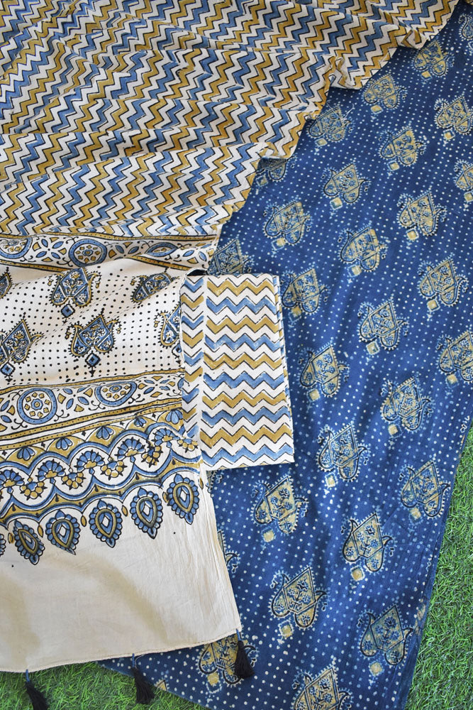 Elegant Hand Block Printed Ajrakh Cotton Unstitched suit fabric