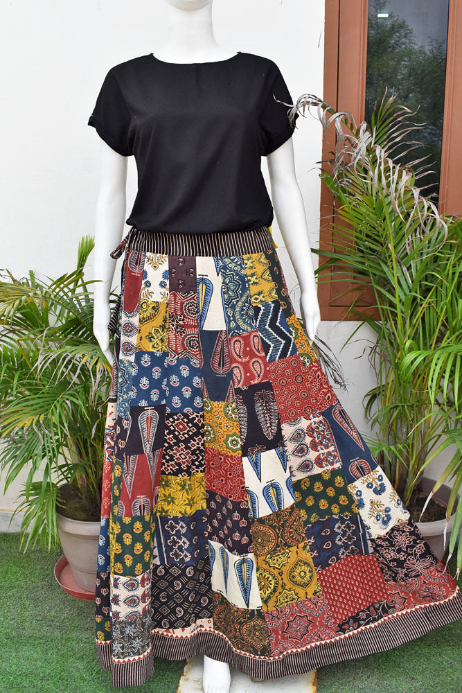 Beautiful Ajrakh Hand Block Printed Patch Work Cotton Long Skirt with Stitched borders