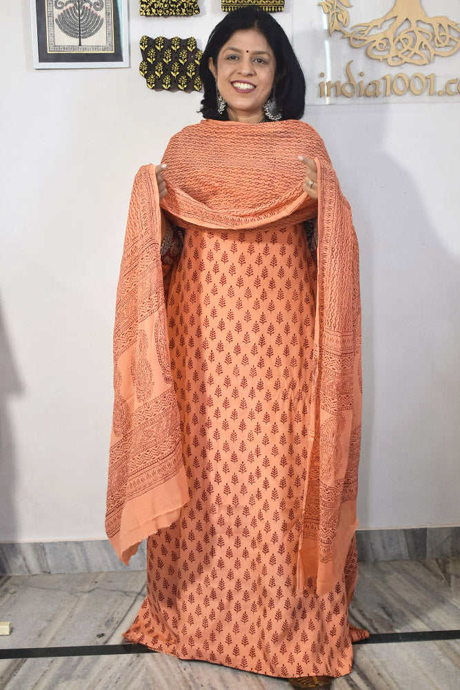 Bagh Hand Block Printed unstitched Mulburry silk cotton suit fabric With Chinon Dupatta