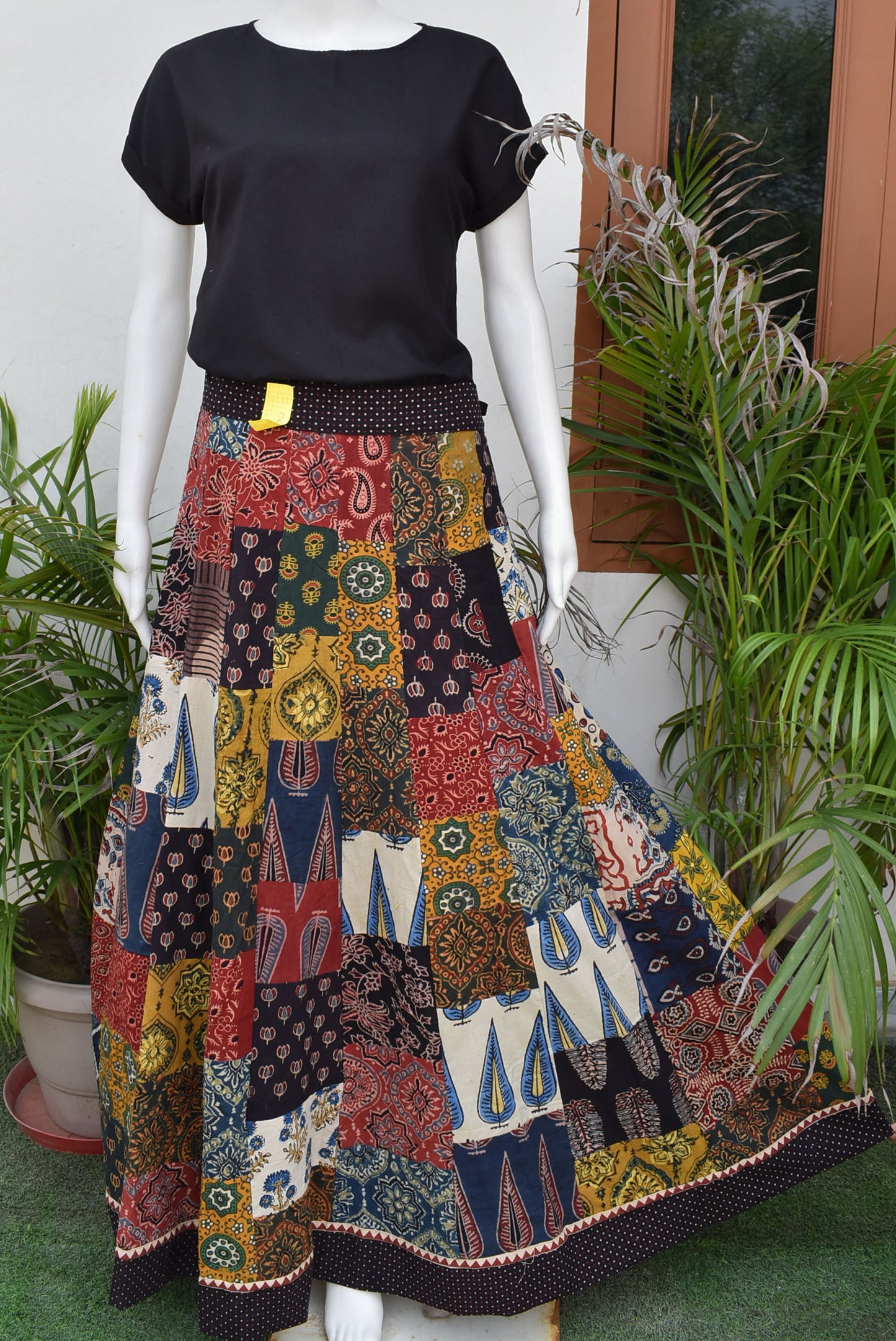 Beautiful Ajrakh Hand Block Printed Patch Work Cotton Long Skirt with Stitched borders