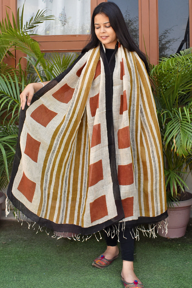 Elegant Hand Block Printed Pure Linen dupatta