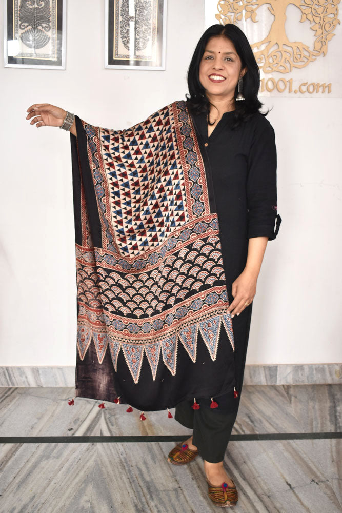 Beautiful Hand Block Printed Ajrakh Modal Silk stole with Tassels