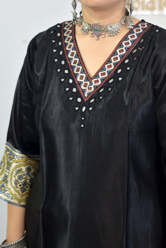 Beautiful Mashru Silk Kurta with Ajrakh patch Kutch mirror work size - 40-46