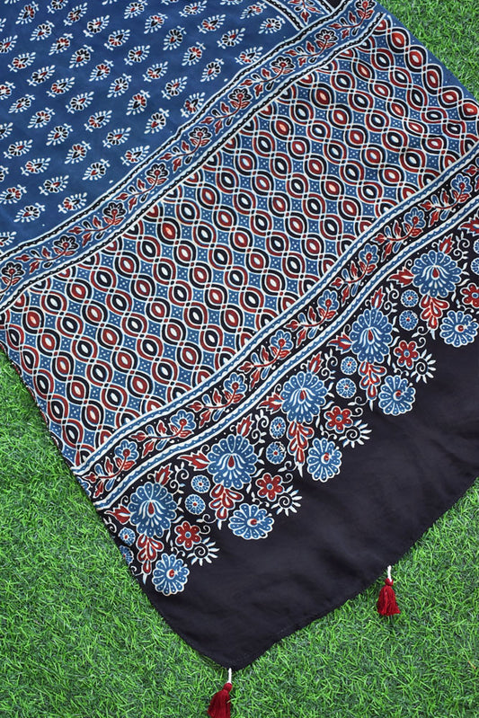 Beautiful Hand Block Printed Ajrakh Modal Silk stole with Tassels