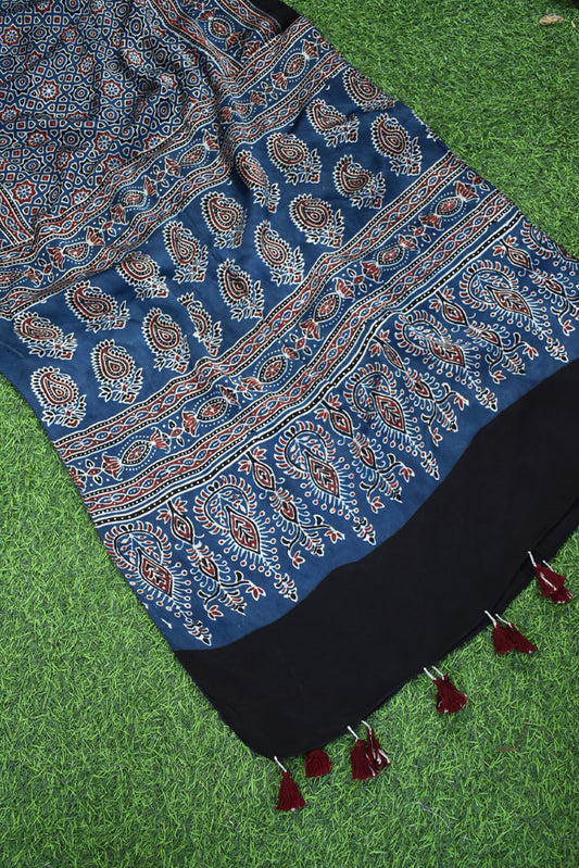 Beautiful Hand Block Printed Ajrakh Modal Silk stole with Tassels