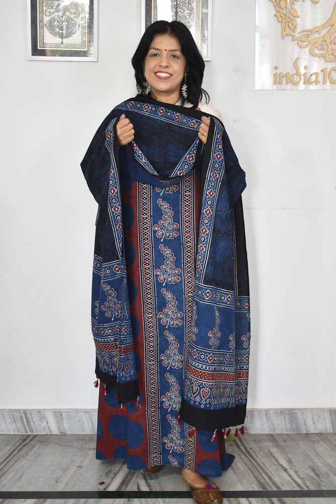 Block Print Ajrakh Cotton Suit with designer Ajrakh neck yoke /panel & Long Stole