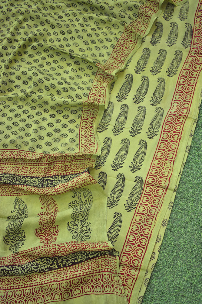 Bagh Hand Block Printed unstitched Mulburry silk cotton suit fabric With Chinon Dupatta