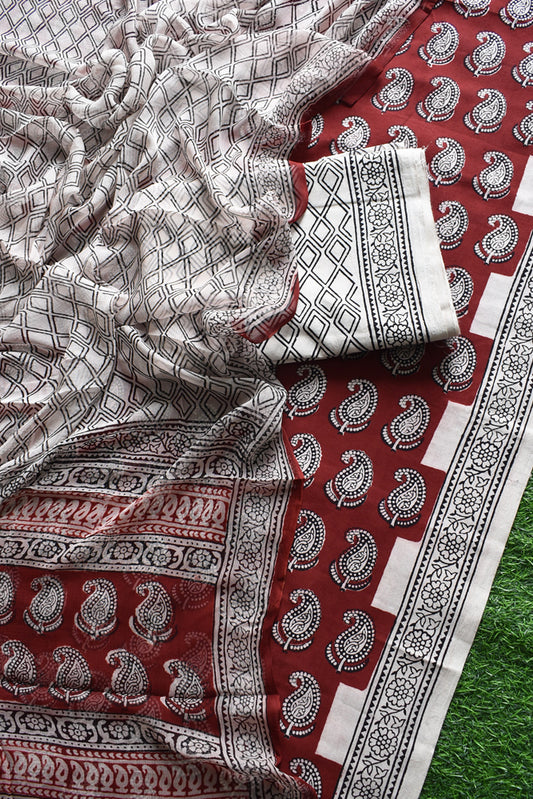 Classic Bagh Block Printed unstitched suit fabric with chiffon dupatta