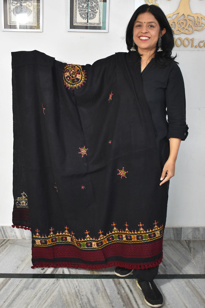 Handwoven Bhujodi Intricate Hand Embroidery & Hand  Mirror Work Woolen  Shawl