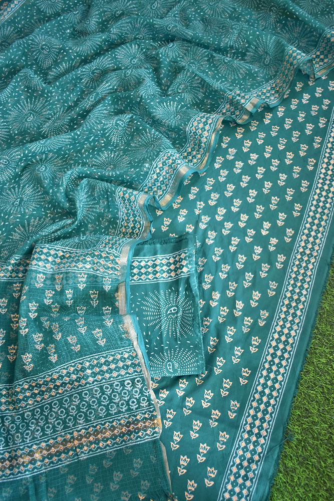 Beautiful Khadi ( खड़ी) Hand Block Printed Cotton unstitched suit fabric with Kota Doria Dupatta